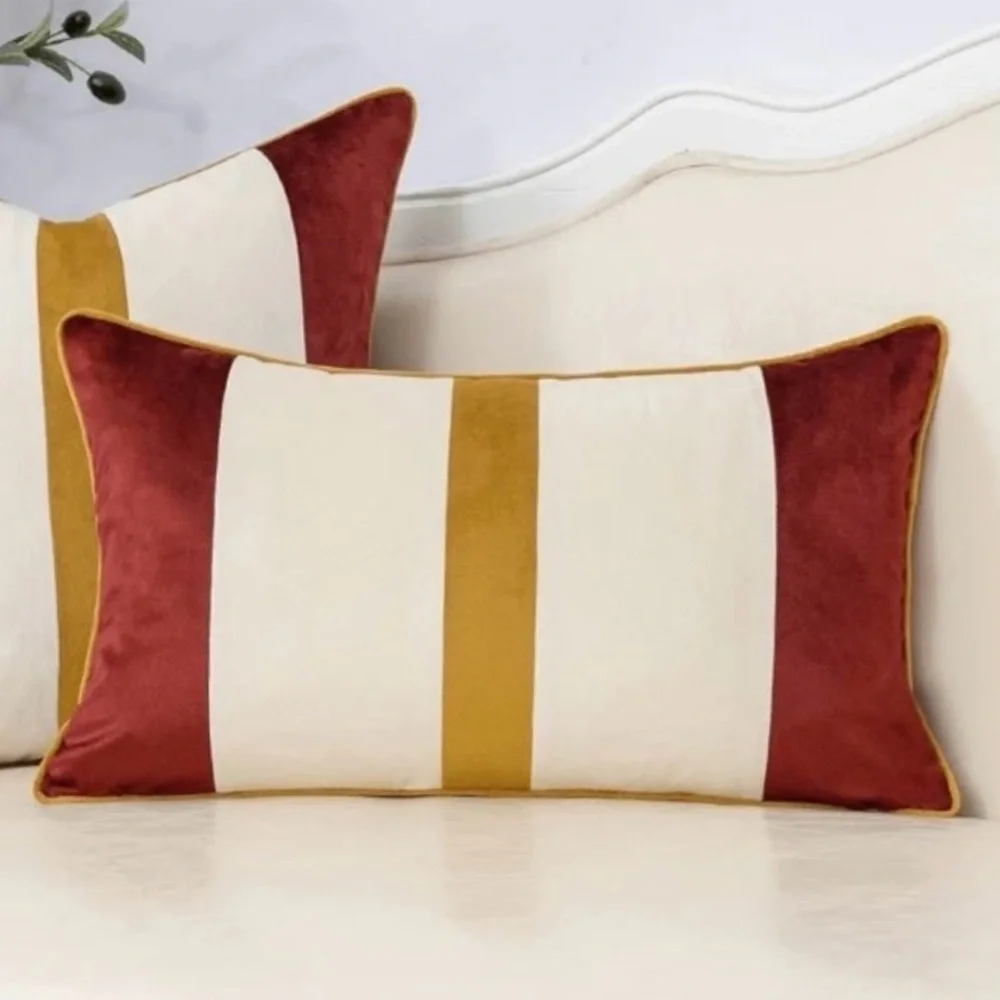 Red, Gold, and White Striped Rectangular Throw Pillow Cover, 12x20